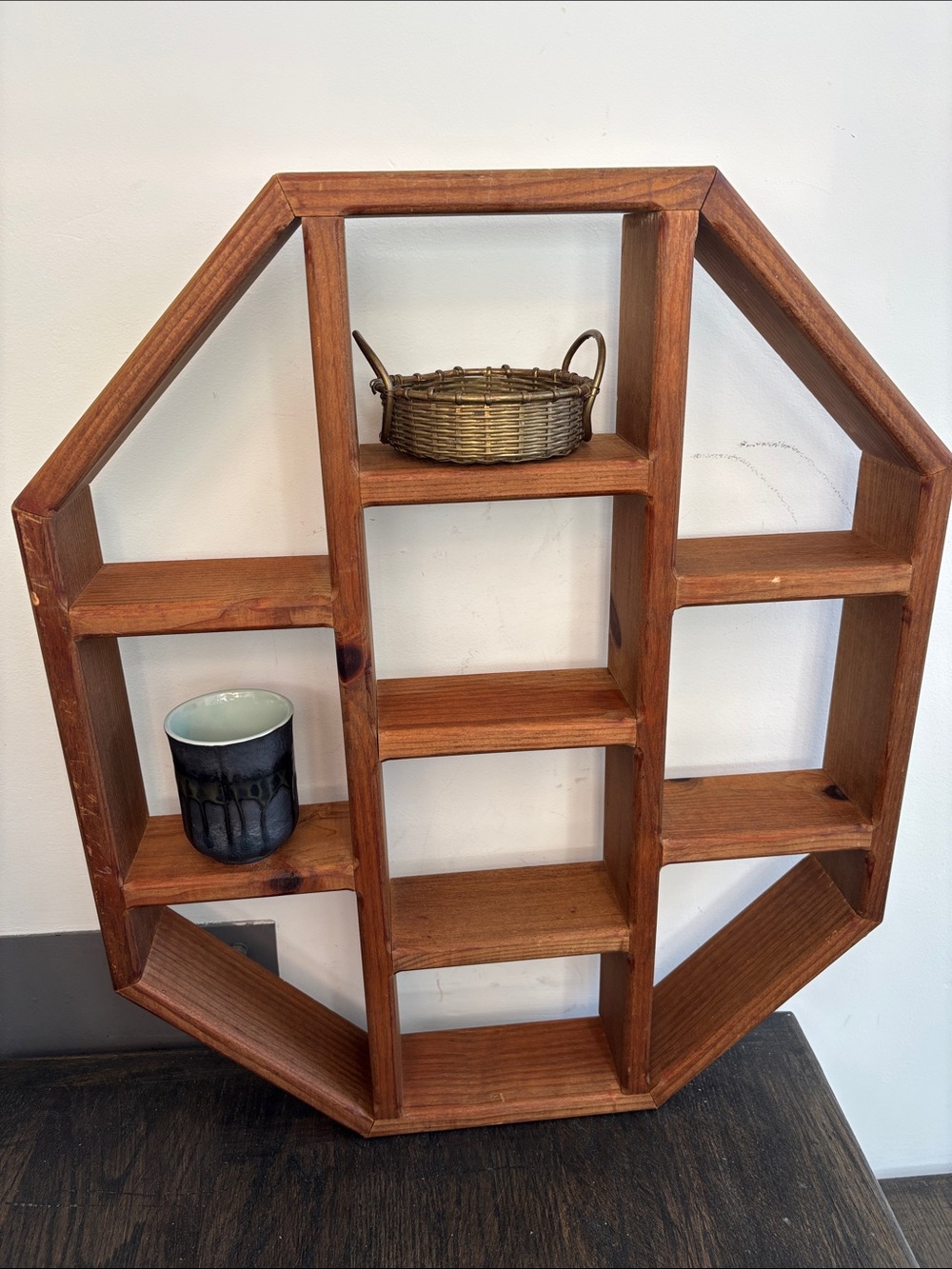 Vintage octagon shelf, wood, patina, hang or rest, 19x23”